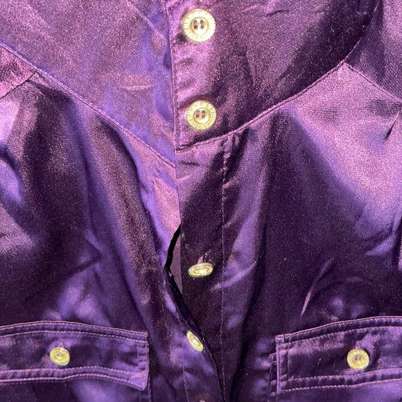 Purple Satin 3/4 Sleeve Tailored Gold Button Down Blouse w/ Pockets - Picture 4 of 8